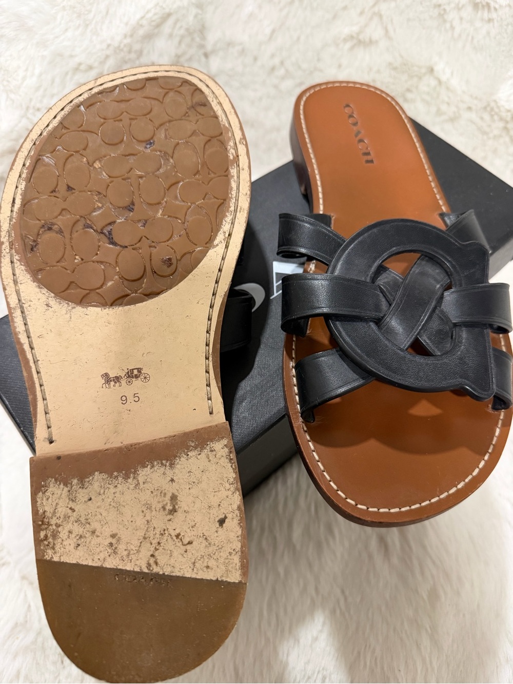 COACH Black Leather Knot-Detail Slide Sandals with Brown Footbed - Picture 4 of 4